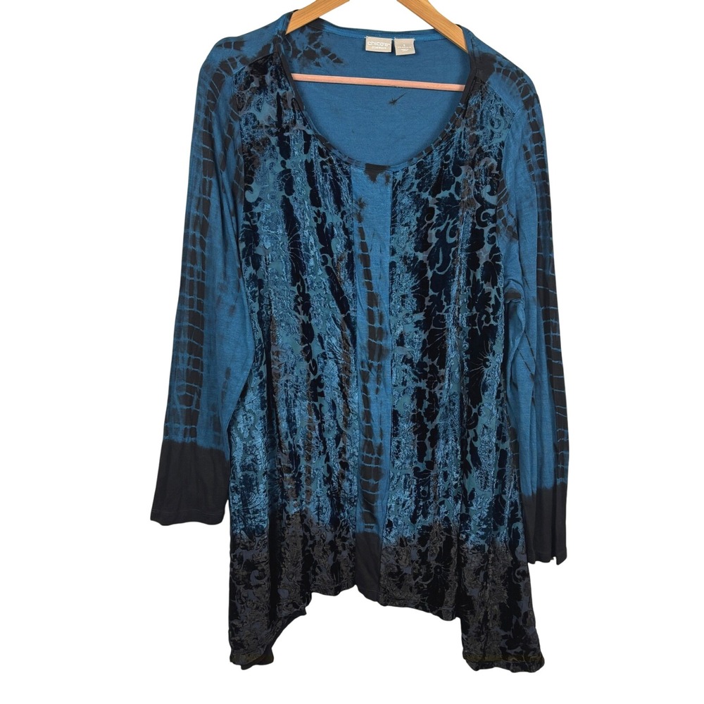 Chico's Zenergy Long Sleeve Tunic Top XL Lagenlook Velvet Burnout Whimsygoth